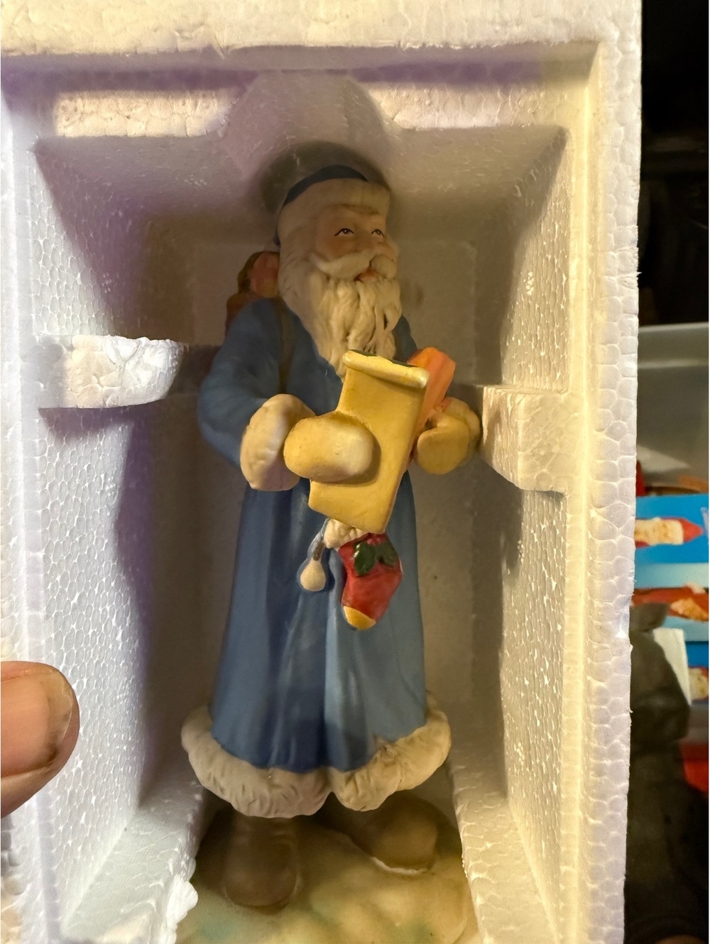 Christmas Traditions 7" Ceramic Santa Figurine in Blue Coat Holding Scroll